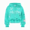 Hot Selling Trendy Custom Made 3D Embroidery Hoodie Acid Wash Zip Distressed 380 Gsm Heavyweight Cotton Rhinestones Embroidery