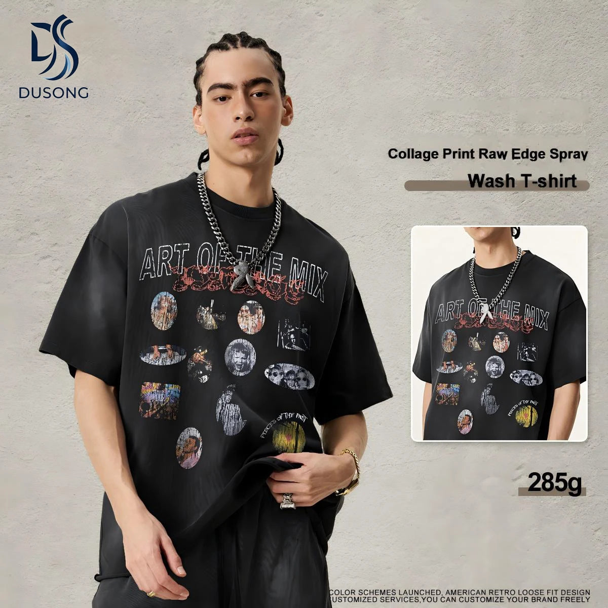 Men's Vintage Washed Print Graphic T-Shirt 285g 100% Cotton Heavyweight Oversized Breathable American Streetwear Patchwork Short
