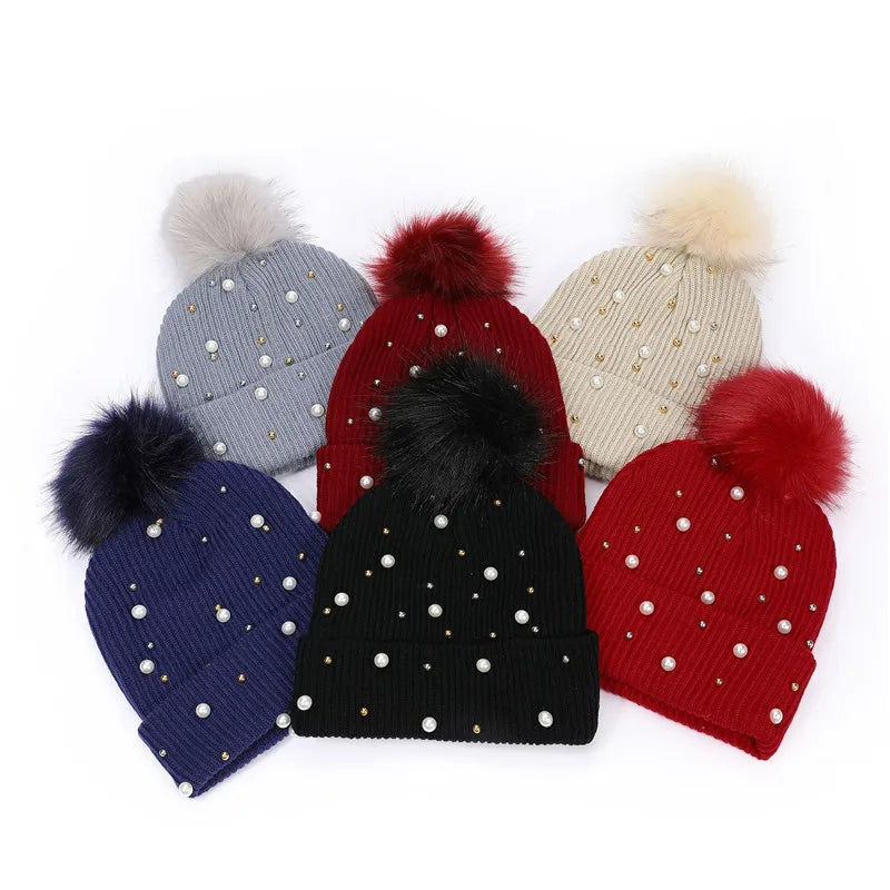 Winter Brand Female Fur Pom Poms Winter Hat for Women Girl 's Hats Knitted Beanies Cap Thick Women Pearl Skullies Beanies
