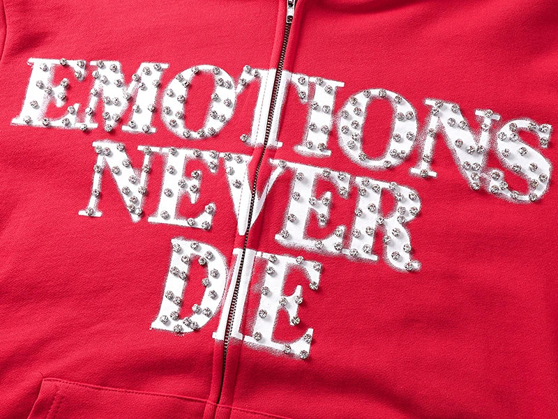 Cotton Zipper Hoodie Retro Street Shining Rhinestone Men's Clothing MIXED EMOTION Graffiti Hoodie
