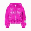 Hot Selling Trendy Custom Made 3D Embroidery Hoodie Acid Wash Zip Distressed 380 Gsm Heavyweight Cotton Rhinestones Embroidery