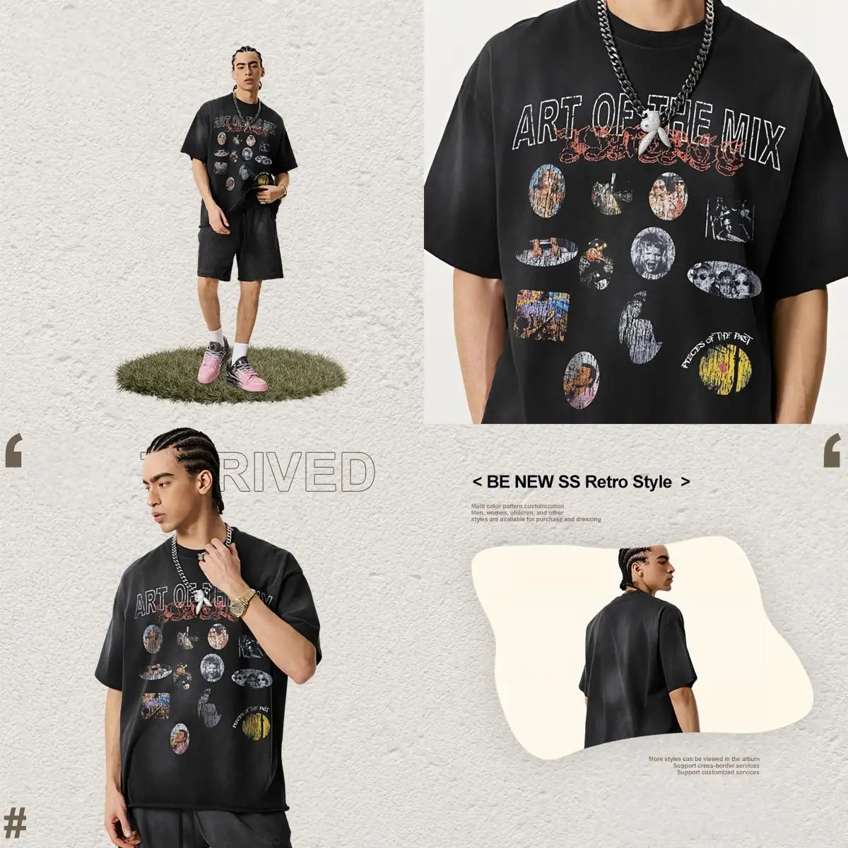 Men's Vintage Washed Print Graphic T-Shirt 285g 100% Cotton Heavyweight Oversized Breathable American Streetwear Patchwork Short