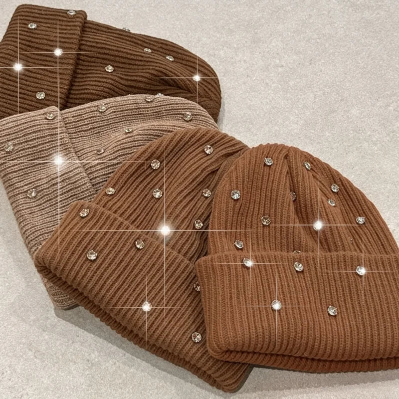 Factory Wholesale Diamond Bling Knit Cuffed Acrylic Rhinestone Winter Beenies Luxury Shiny Rhinestone Beanie for Women