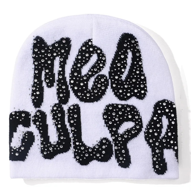Men Women Letter Jacquard Beanie With Rhinestone Crochet Winter Acrylic Knit Ski Beanie Slouchy Caps Hat
