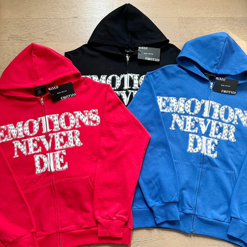 Cotton Zipper Hoodie Retro Street Shining Rhinestone Men's Clothing MIXED EMOTION Graffiti Hoodie