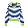 PB&ZA Women 2025 Autumn New Fashion Striped POLO Shirt Collar Knitted Sweater Vintage Long Sleeve Female Pullovers Chic Tops