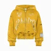 Hot Selling Trendy Custom Made 3D Embroidery Hoodie Acid Wash Zip Distressed 380 Gsm Heavyweight Cotton Rhinestones Embroidery
