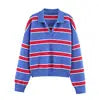 PB&ZA Women 2025 Autumn New Fashion Striped POLO Shirt Collar Knitted Sweater Vintage Long Sleeve Female Pullovers Chic Tops
