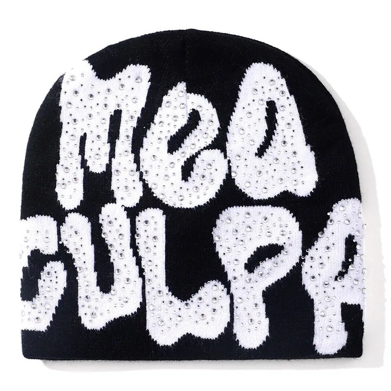 Men Women Letter Jacquard Beanie With Rhinestone Crochet Winter Acrylic Knit Ski Beanie Slouchy Caps Hat