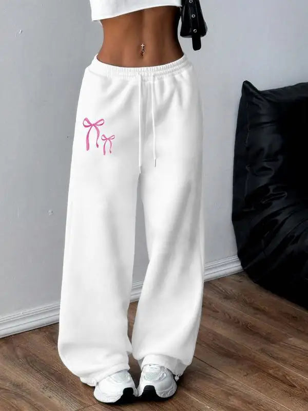 Women's Loose Straight Sports Bow Print Sweatpants Versatile Casual Fashion for Spring Flat