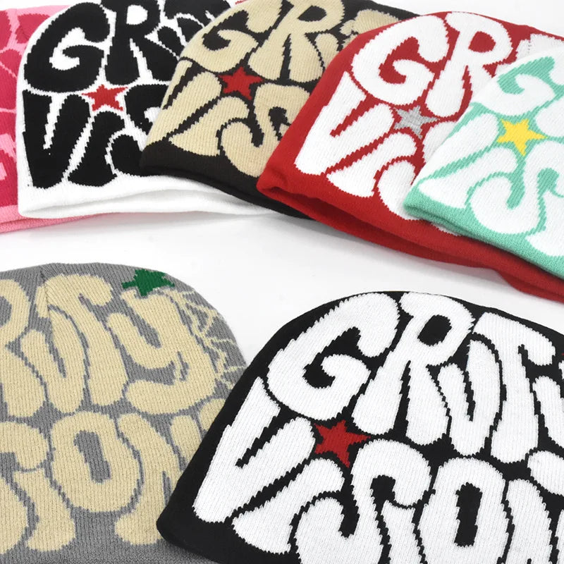 GRVTY Ice Cap Knitted Beanie Jacquard-patterned Polyester Men Women Trendy European American-inspired Hip-hop