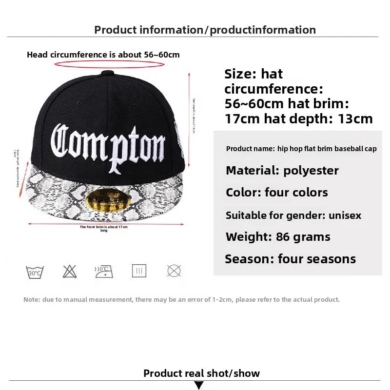 Cross-Border Best-Selling European American Compton Baseball Cap Personalized 100% Polyester 6-Panel Adjustable Flat-Brimmed