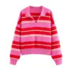 PB&ZA Women 2025 Autumn New Fashion Striped POLO Shirt Collar Knitted Sweater Vintage Long Sleeve Female Pullovers Chic Tops