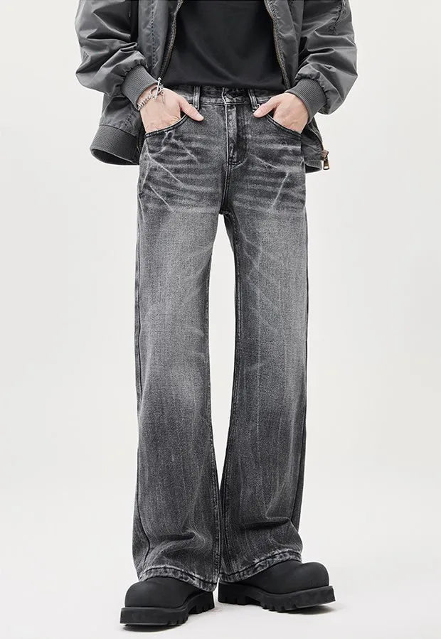 Men Fashion Designer Sense lightning Crack Stone Wash Jean Retro Micro Pants Casual Men Baggy Straight Leg Black Denim Jeans