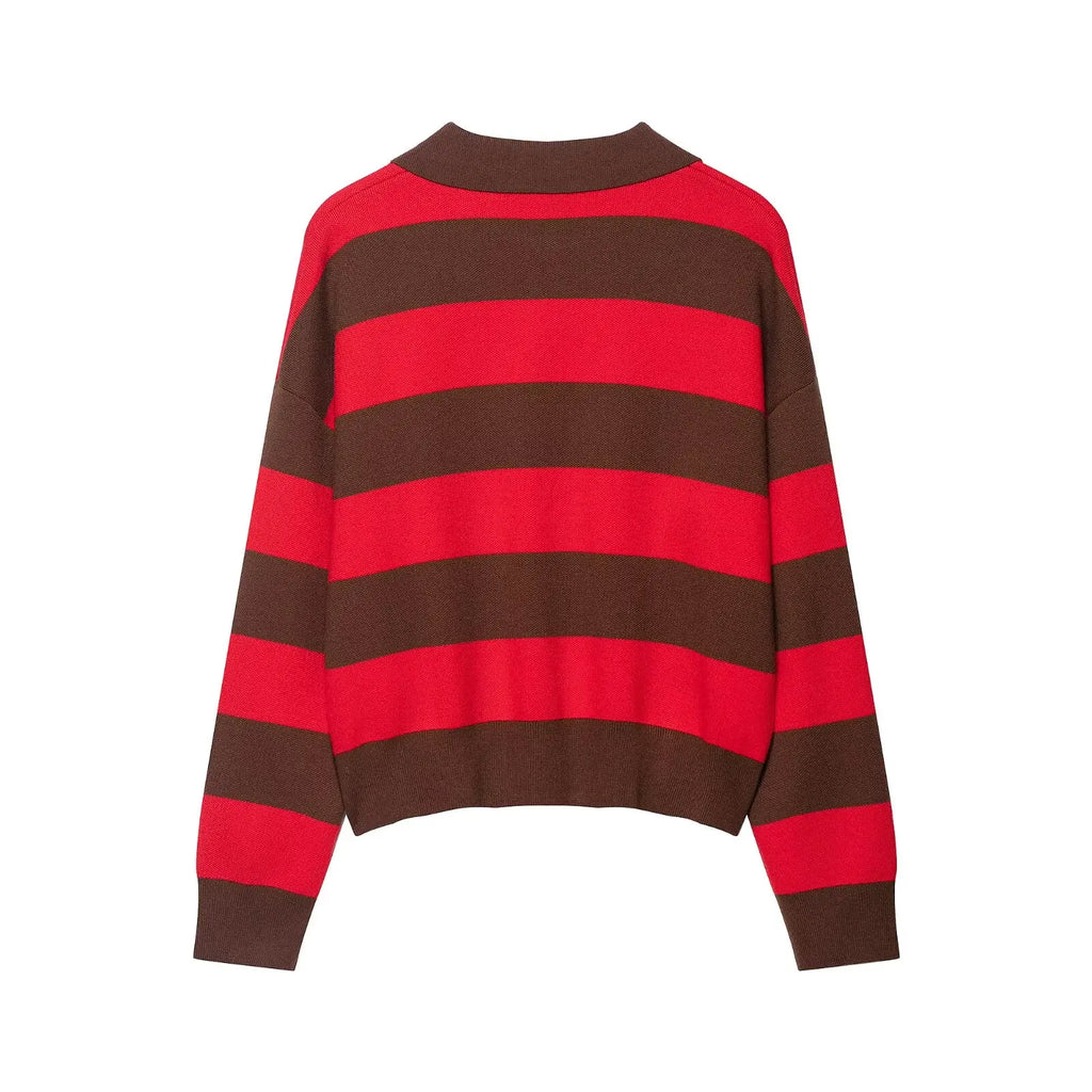 PB&ZA Women 2025 Autumn New Fashion Striped POLO Shirt Collar Knitted Sweater Vintage Long Sleeve Female Pullovers Chic Tops