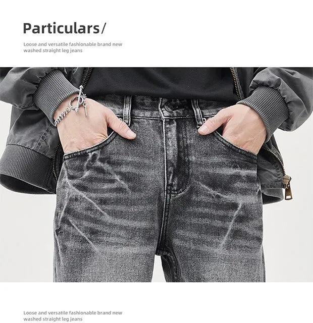 Men Fashion Designer Sense lightning Crack Stone Wash Jean Retro Micro Pants Casual Men Baggy Straight Leg Black Denim Jeans