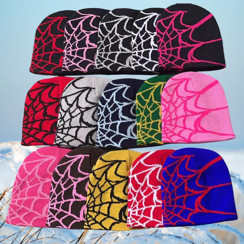 Y2KSpider Web Pattern Knitted Beanie Y2K Style, Multicolor Acrylic Warm Unisex Hip Hop Winter Skull Hat Customizable