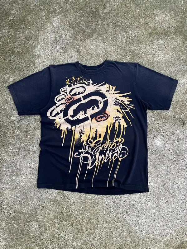 Y2KAffliction Short Sleeve Vintage Clothing Punk Hip Hop Graphic Print Oversized Tshirt Women Round Neck Cotton Short Sleeve Top