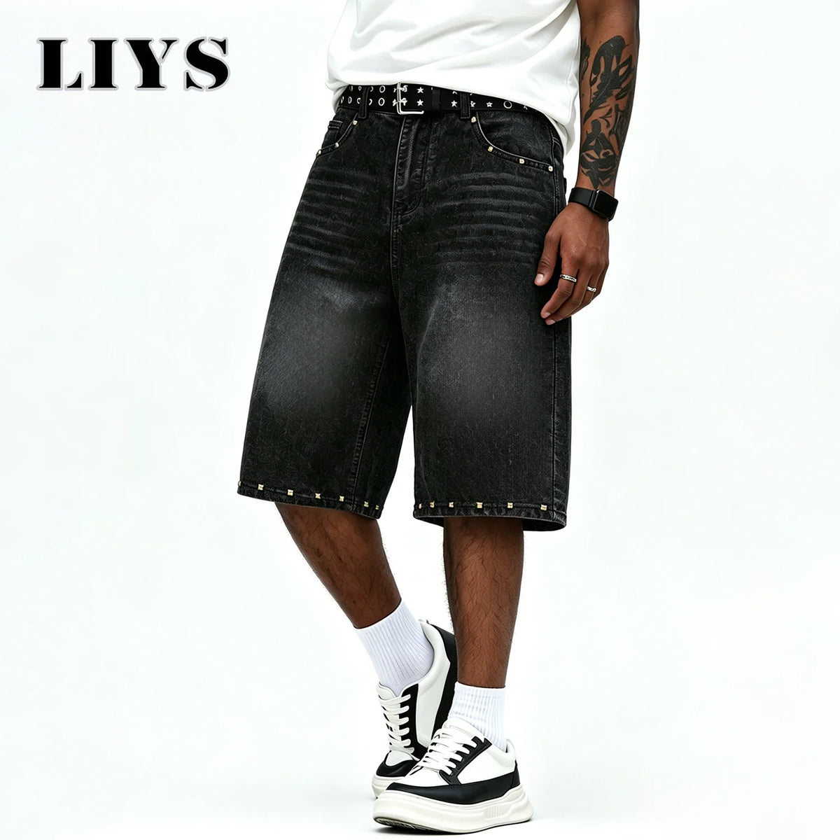 LIYS Men's Vintage Black Rivet Wide-Leg Jean Jorts High Street Y2K Fashion Brand Pants Streetwear Casual Outdoor Daily Wear ﻿
