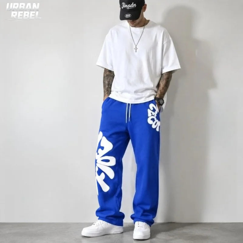 Baggy Y2K Streetwear Men's Stacked Grey Heavyweight Large Letter Print Sweatpants Loose Fit Drawstring Waist Casual Daily Wear