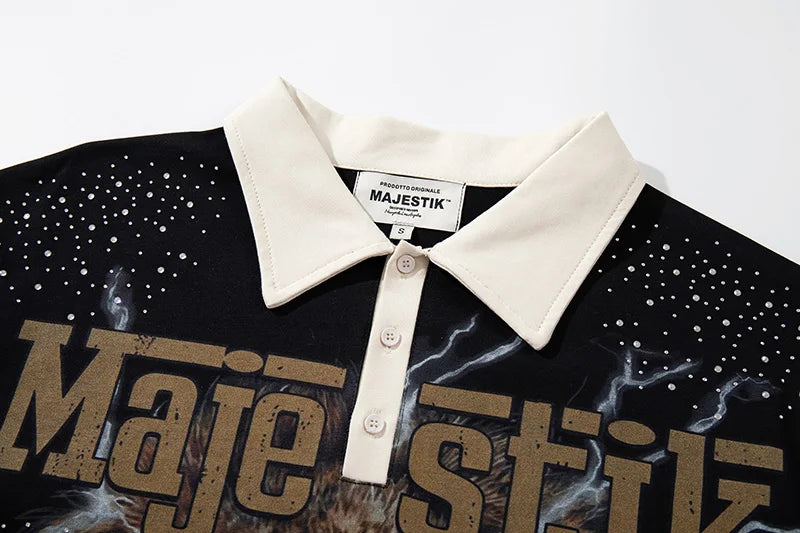 Striped Rhinestone Letter Logo MAJESTIK Short Sleeve Polo Shirt Men Woman Streetwear All-match Tee Best Quality New Fashion Top
