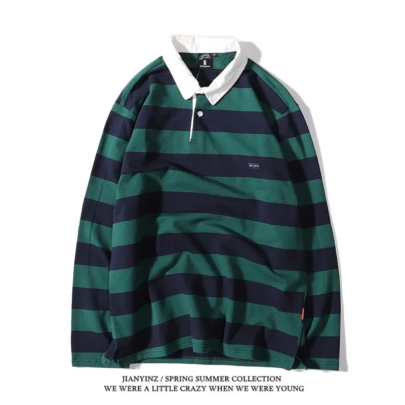 Color Blocking Striped Print Men's Polo Shirt Autumn Business Casual Long Sleeved Top Comfortable Breathable Loose Lapel T-Shirt