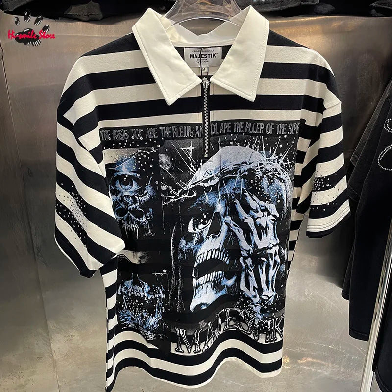 Striped Rhinestone Letter Logo MAJESTIK Short Sleeve Polo Shirt Men Woman Streetwear All-match Tee Best Quality New Fashion Top