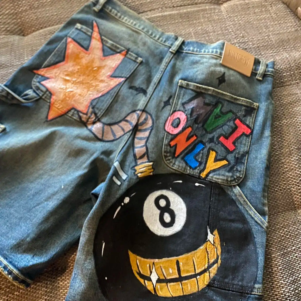 Baggy Custom Paint Jorts Washe Number 8 Ball Denim Shorts Men Goth Y2k Harajuku Casual Sweatpants Wide Leg Short Streetwear
