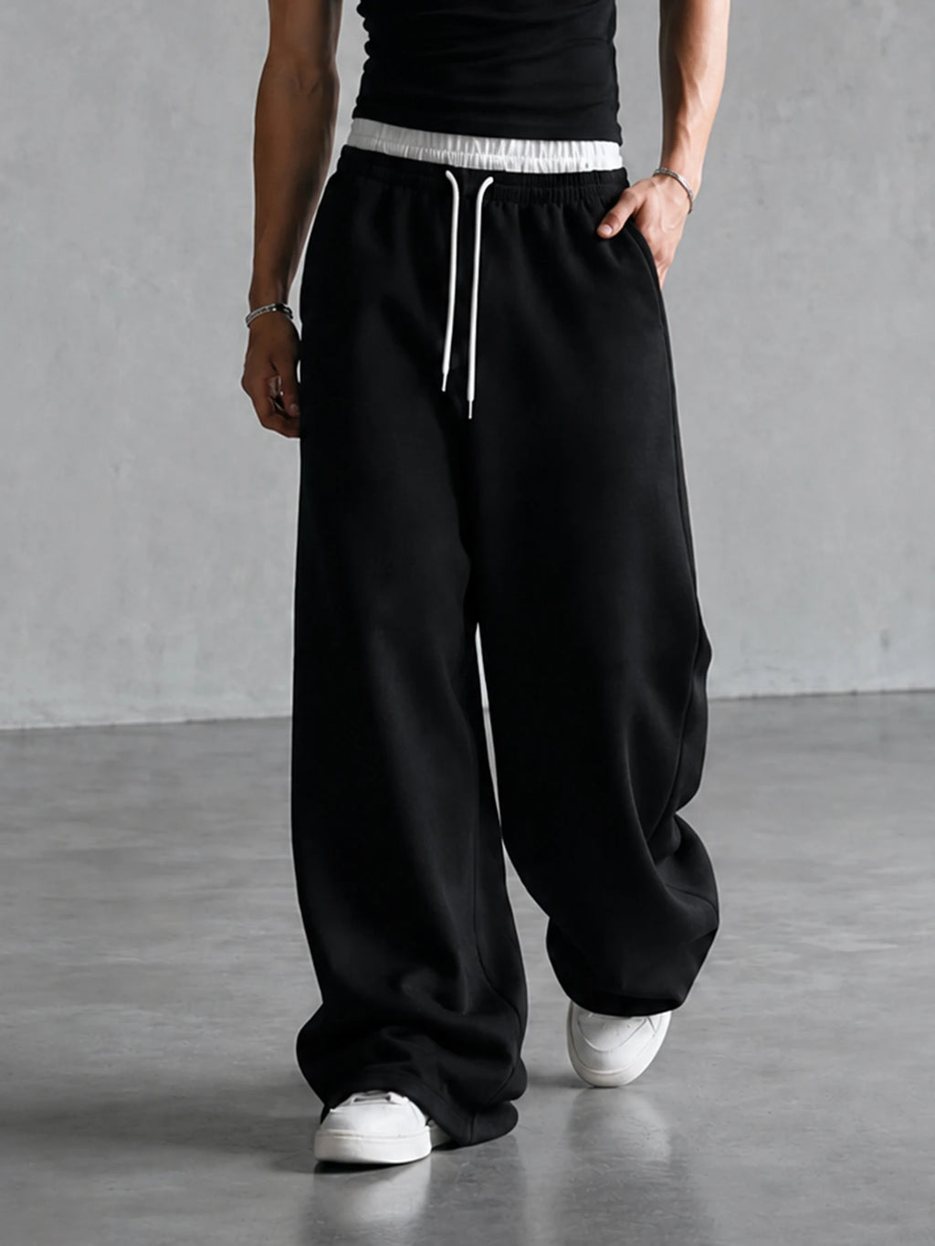 Men's Baggy Wide Leg Sweatpants Contrast White Waist Polyester S-2XL Drawstring Hip Hop Streetwear Casual Loose Fit Jogger Pants