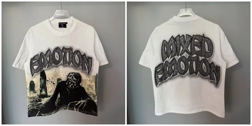 New MIXED-EMOTION Rhinestone cartoon printed pattern  cotton Men Women T-shirt Loose casual Shinning Tees Oversized Top