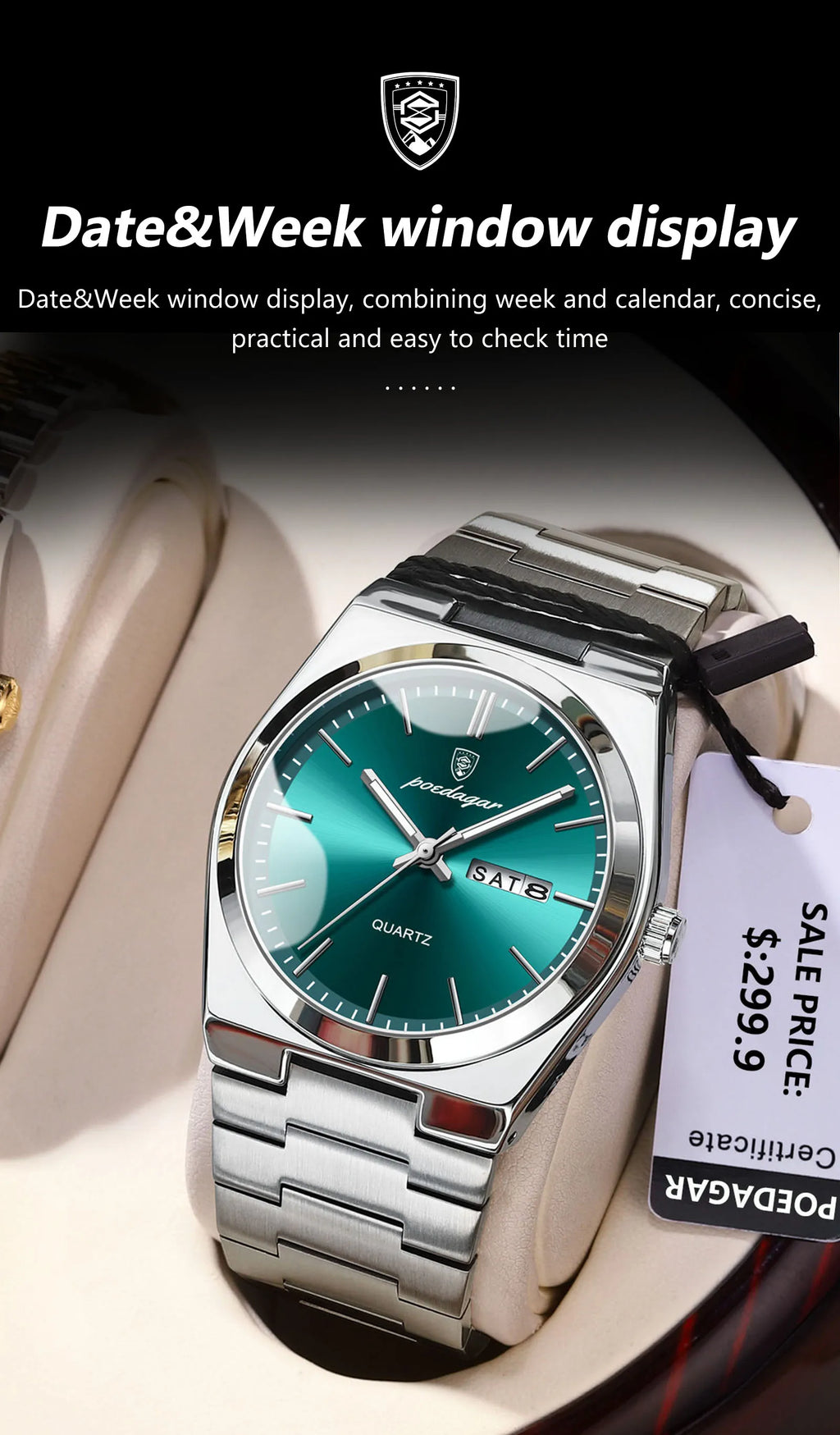 POEDAGAR Men's Stainless Steel Quartz Watch