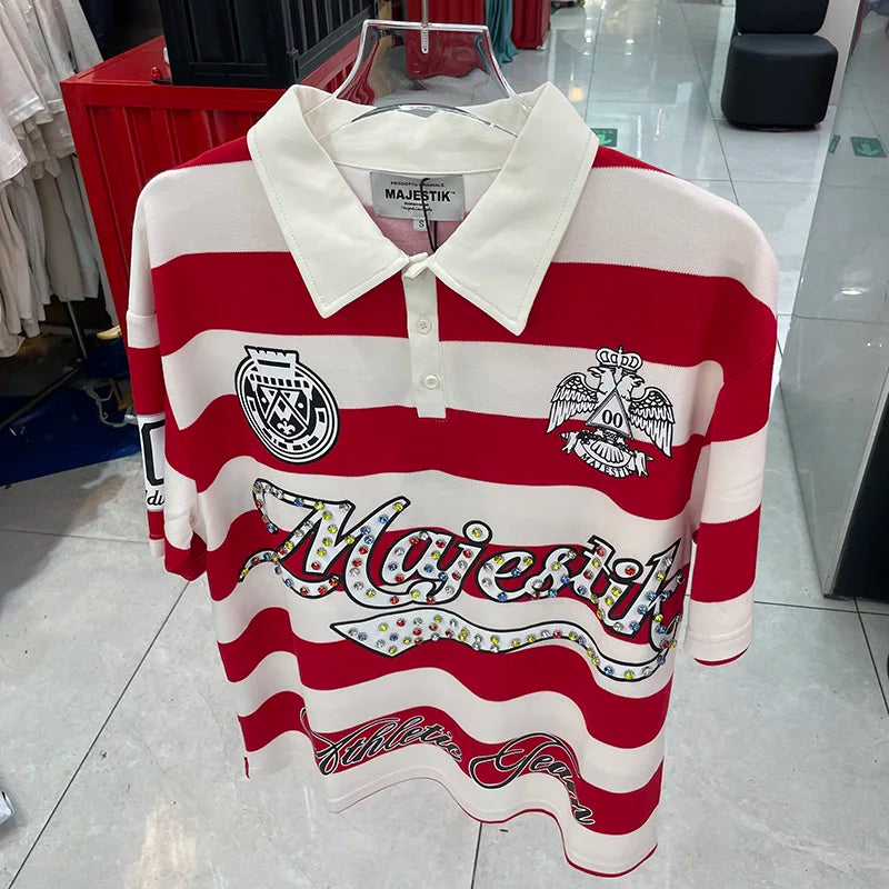 Striped Rhinestone Letter Logo MAJESTIK Short Sleeve Polo Shirt Men Woman Streetwear All-match Tee Best Quality New Fashion Top