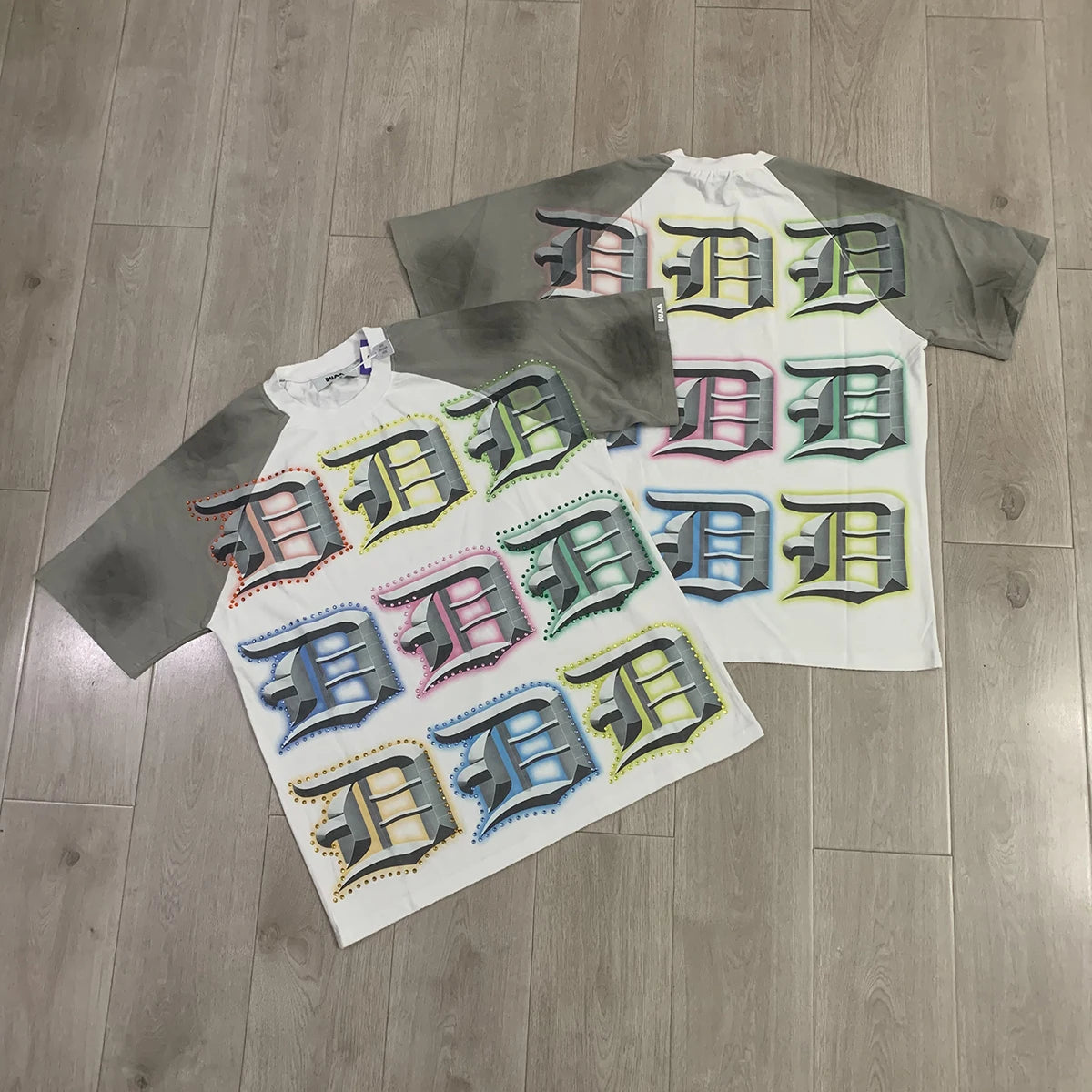 Streetwear Rhinestone Letter Print Yellow T-shirt Men Woman Fashion Retro Shinning Diamond loose casual Oversized Hip Hop Tees