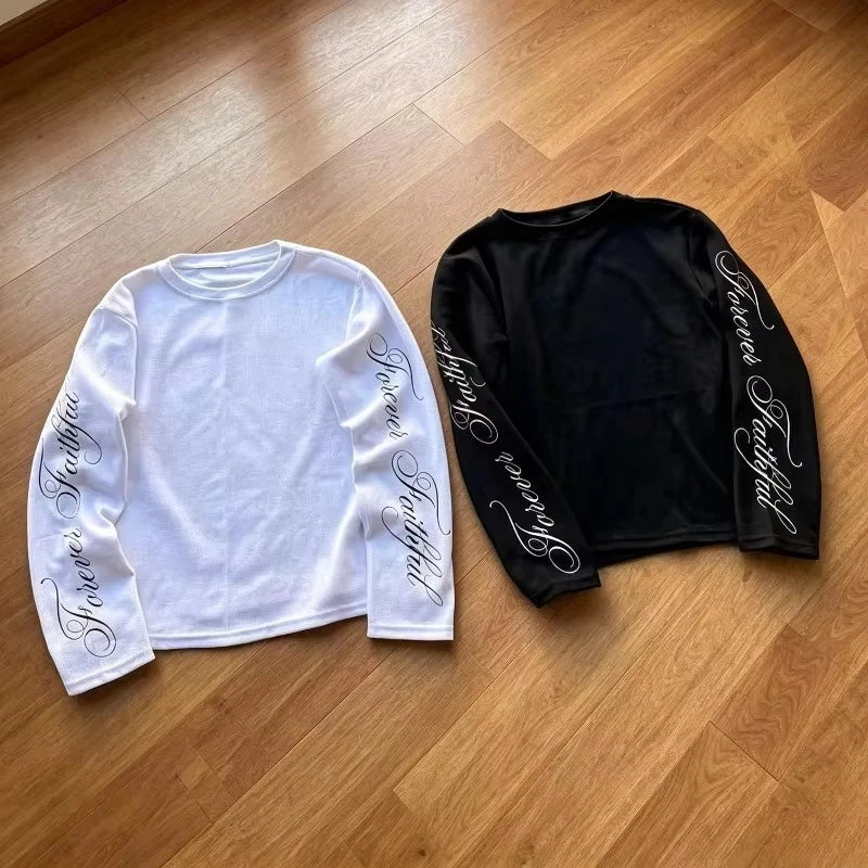 2026 Spring American Retro Y2K Long Sleeve Adults/Kids T-Shirt Casual Round Neck Lightweight Breathable Top Letter Streetwear