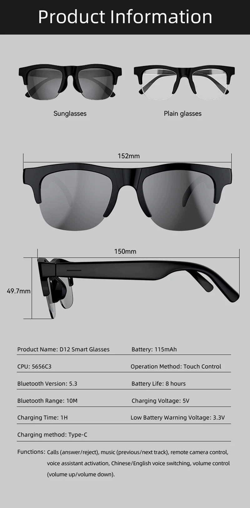 SE Élégance D12 Bluetooth Audio Smart Glasses