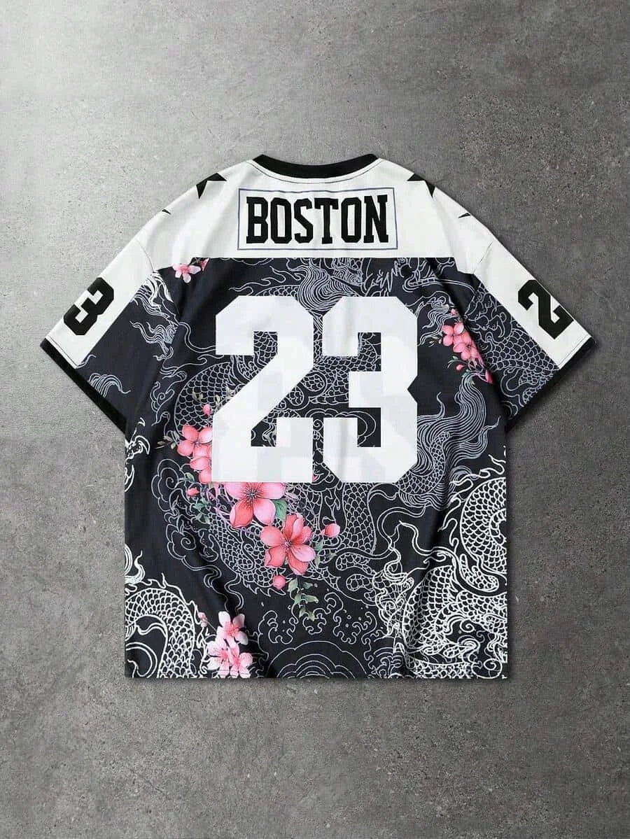 American Football Jersey China-Chic Dragon Pattern Cherry Blossom Flower Full Print V-neck Mesh Loose T-shirt for Men and Women