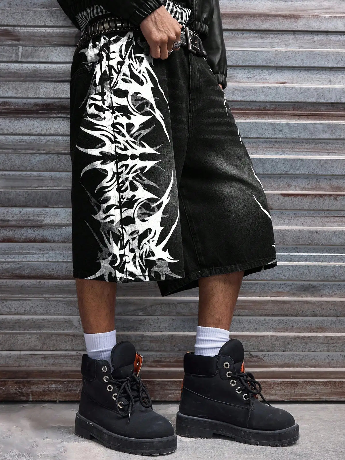 Men Black Non-Stretch Denim Jorts Summer Streetwear Print Baggy Wide Leg Knee Length Hip Hop Casual Shorts Y2K Punk Style