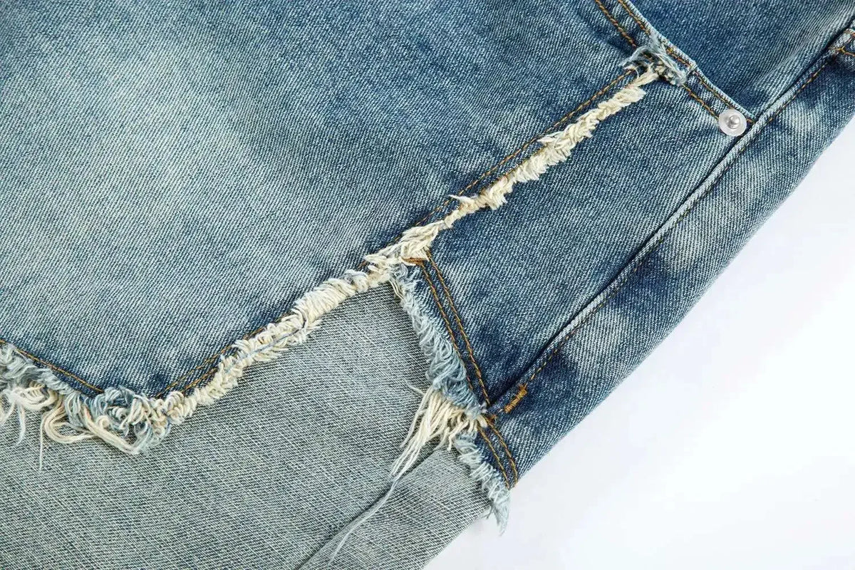 Summer Pentagram Pattern Men's Jort Splicing Mid Length Denim Pants American High Street Straight Male Shorts