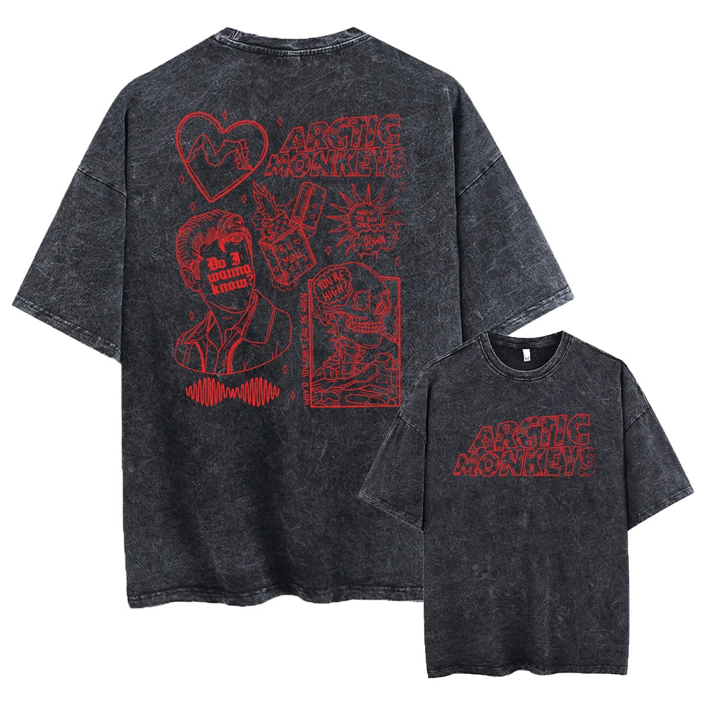 Retro Rock Arctic Monkeys Music Album Graphic T-Shrit Men's Vintage Washed Oversized Short Sleeve T Shirt Y2k Hip Hop Streetwear