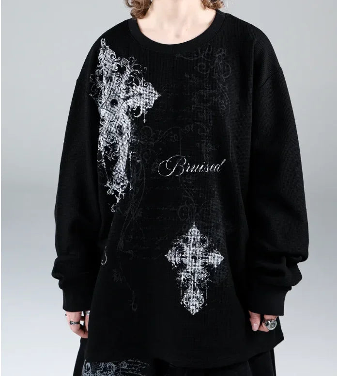 Alt Style Y2K Gothic Long Sleeve Pattern Oversized T Shirt High Street Breathable Cotton Women Man Casual Top
