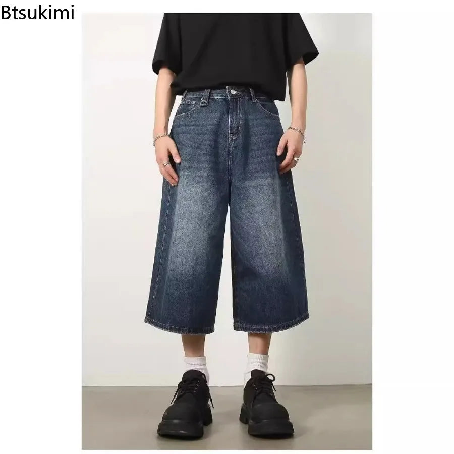 Vintage Y2k Baggy Jeans Men's Fashion High Waisted Wide Leg Pants Summer Hip Hop Streetwear Couple Leisure Denim Cropped Pants