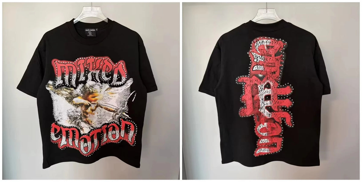 New MIXED-EMOTION Rhinestone cartoon printed pattern  cotton Men Women T-shirt Loose casual Shinning Tees Oversized Top