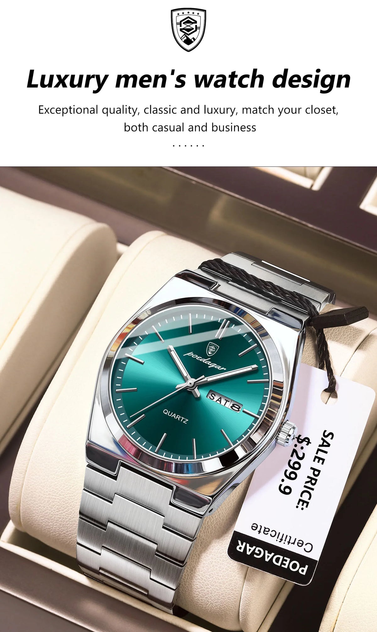 POEDAGAR Men's Stainless Steel Quartz Watch