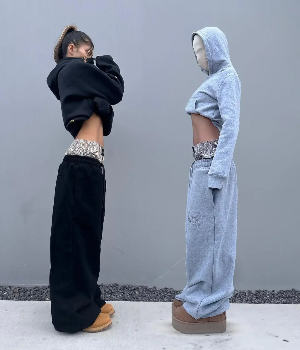 Y2K Retro Pants Harajuku Double Embroidered Waist Sweatpants Hip Hop Goth Clothes Fashion Wide Leg Baggy Pants Streetwear Unisex