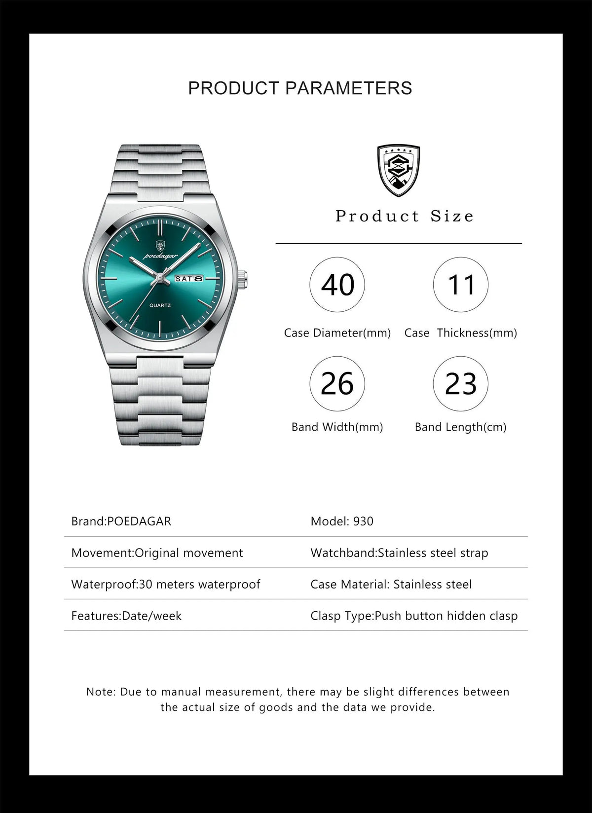 POEDAGAR Men's Stainless Steel Quartz Watch
