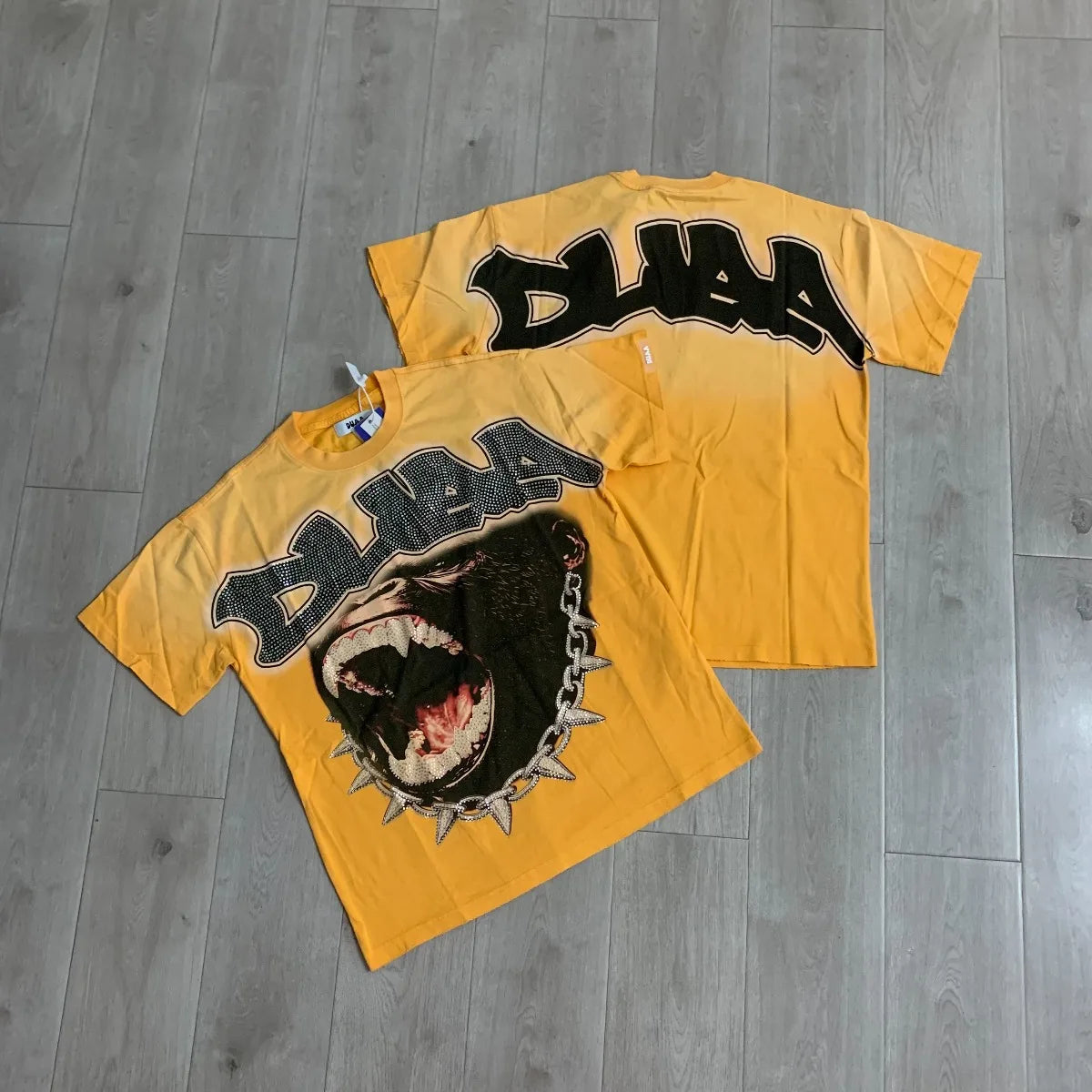Streetwear Rhinestone Letter Print Yellow T-shirt Men Woman Fashion Retro Shinning Diamond loose casual Oversized Hip Hop Tees