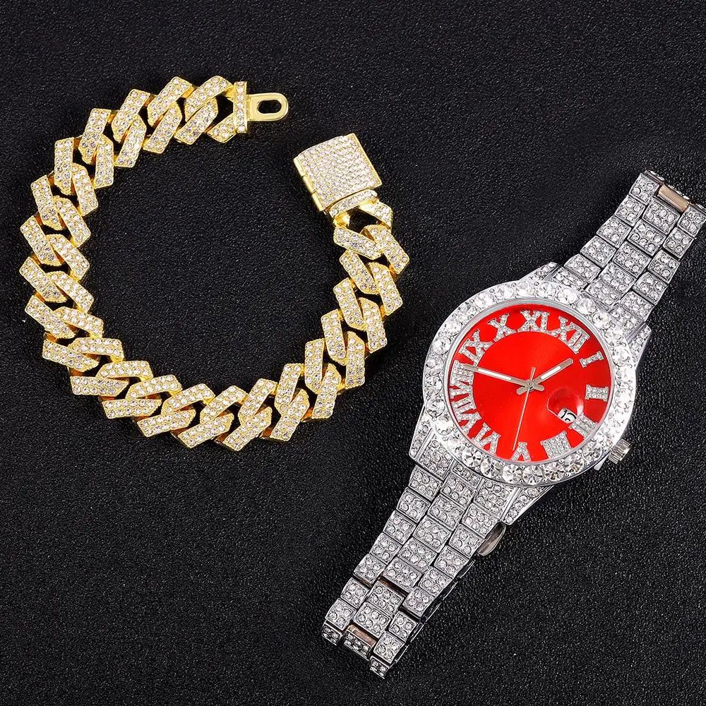Exquisite Necklace+Watch+Bracelet Cuban