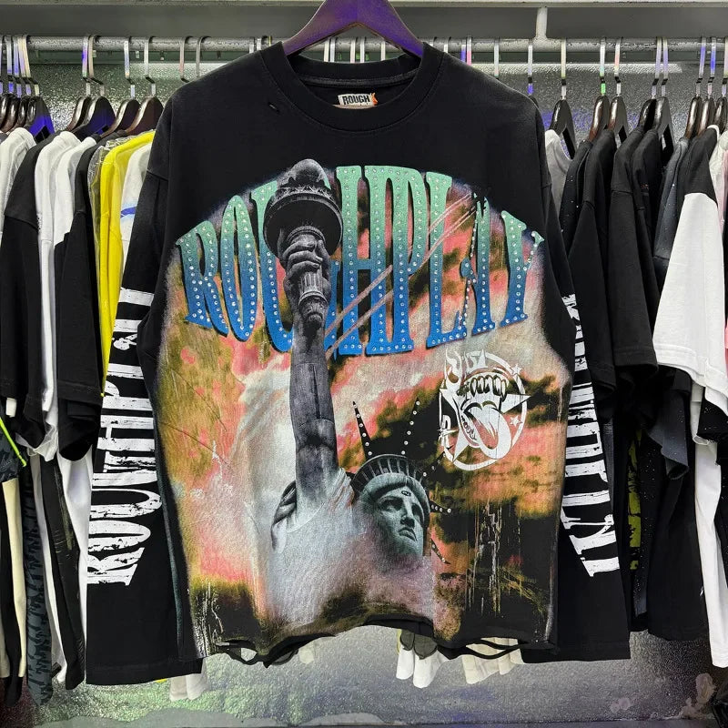 New American Style Rough Play Splicing Shinning Diamond 100% Cotton long sleeves T-shirts for Men Women Crew Neck Loose Summer T-shirt Oversized Tees