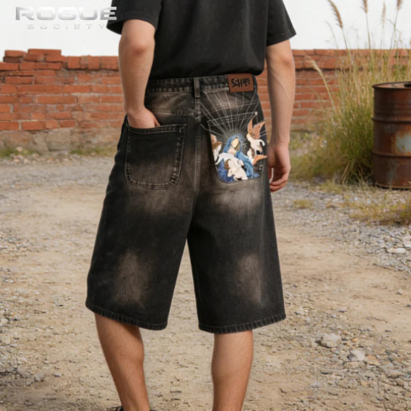 Summer Luxury Harajuku Jeans Bottoms American Vintage Y2K Graphic Men Bermuda Jorts Pocket Distressed HipHop Casual Denim Shorts