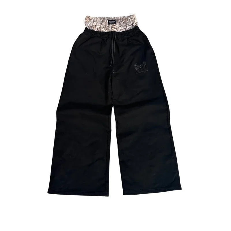 Y2K Retro Pants Harajuku Double Embroidered Waist Sweatpants Hip Hop Goth Clothes Fashion Wide Leg Baggy Pants Streetwear Unisex